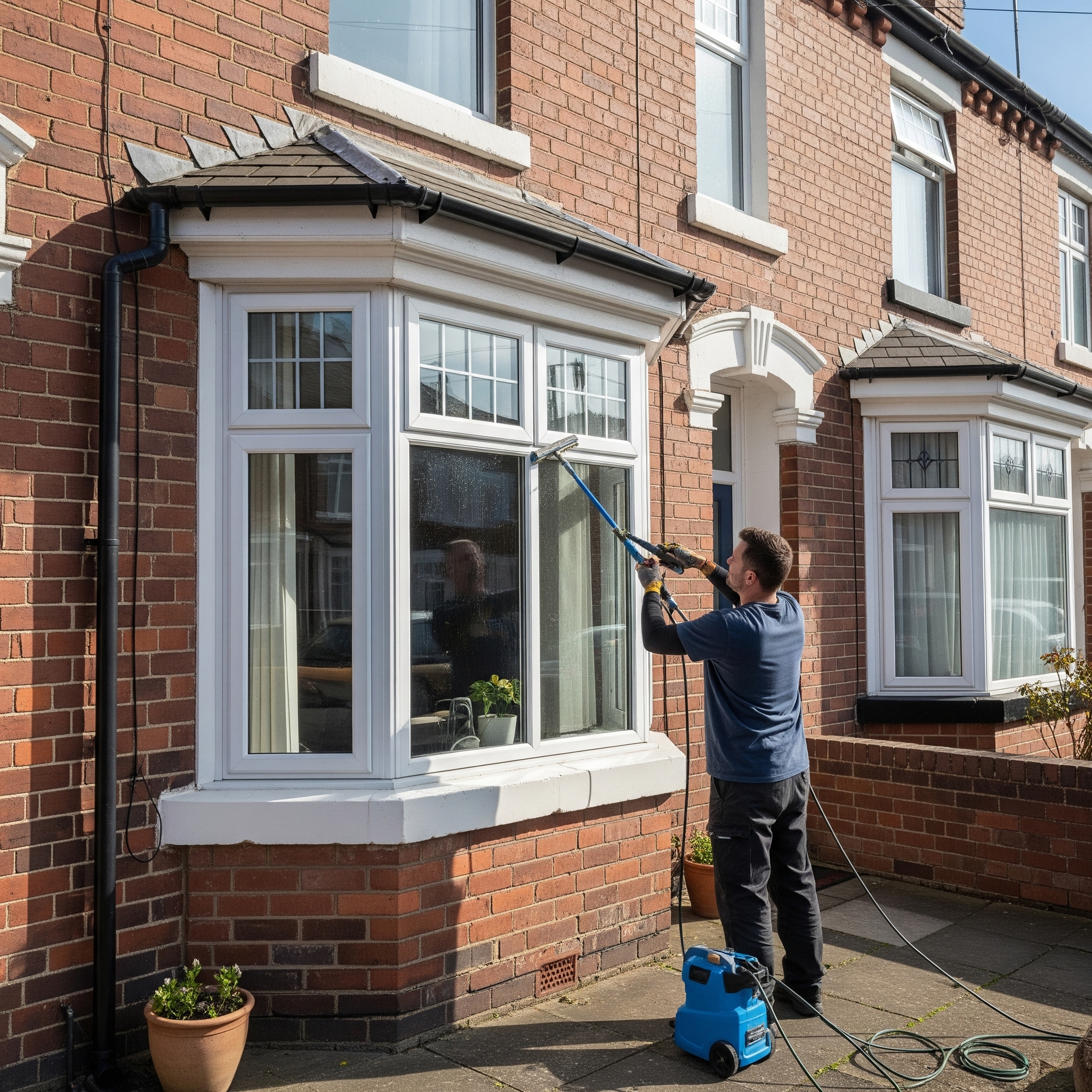 Bay window being cleaned on a home in Leicester