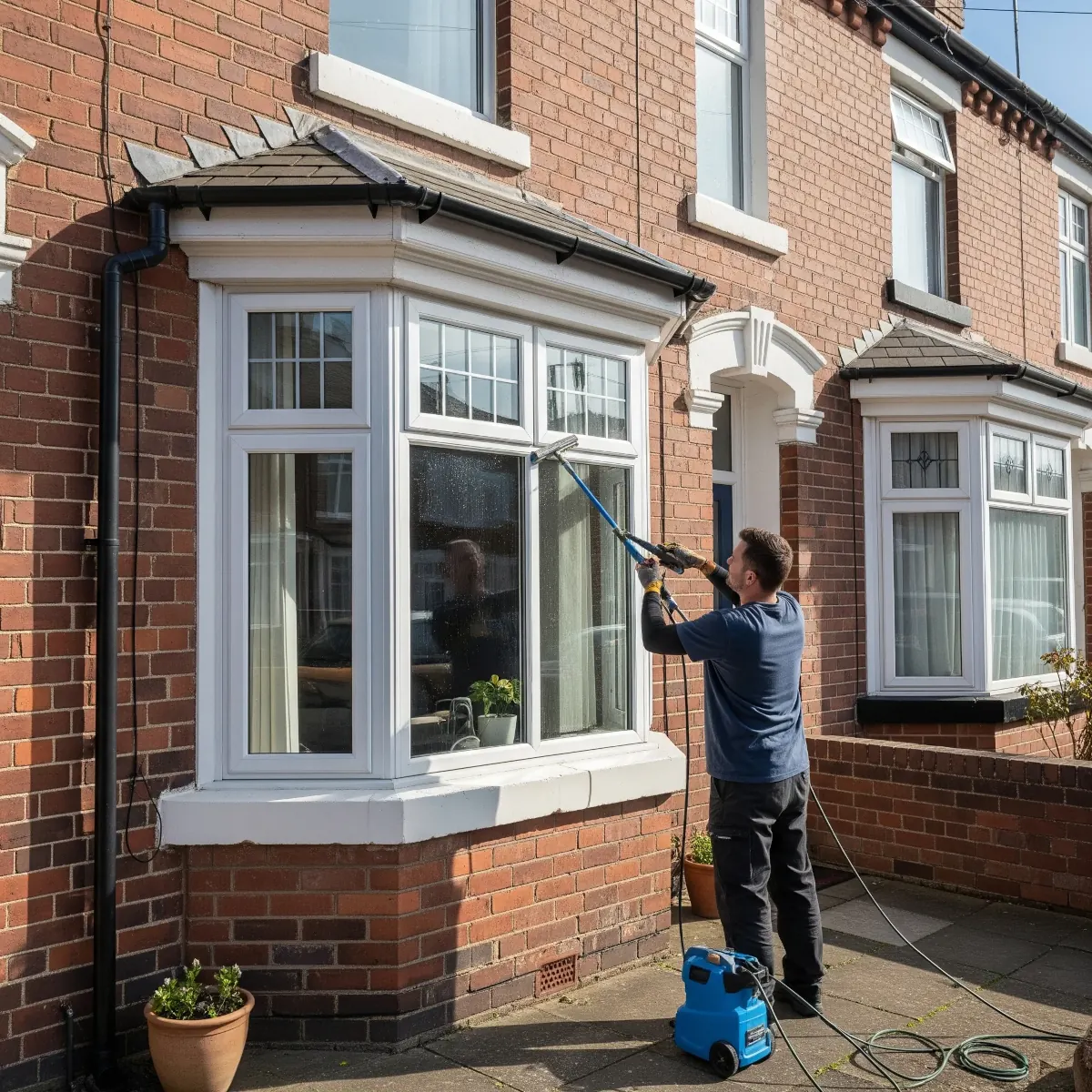 Bay window being cleaned on a home in Leicester