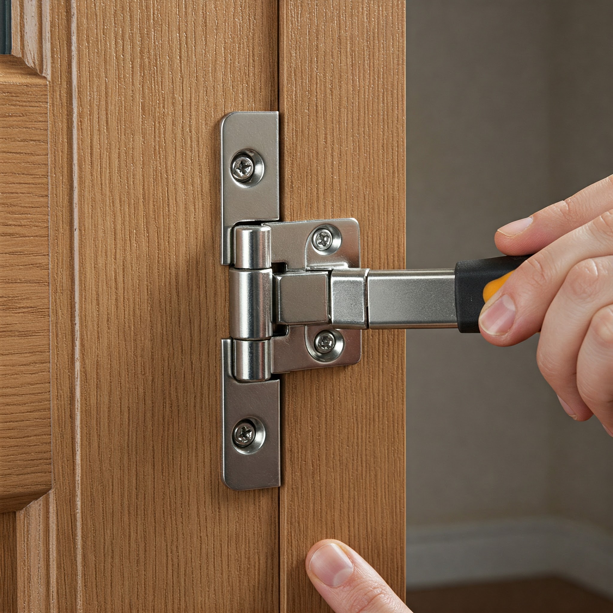 Hinges being serviced on a composite door