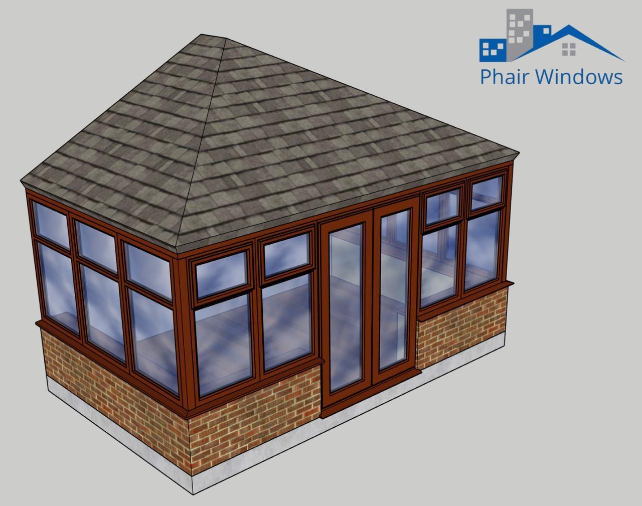 CAD design of rosewood uPVC conservatory with French doors
