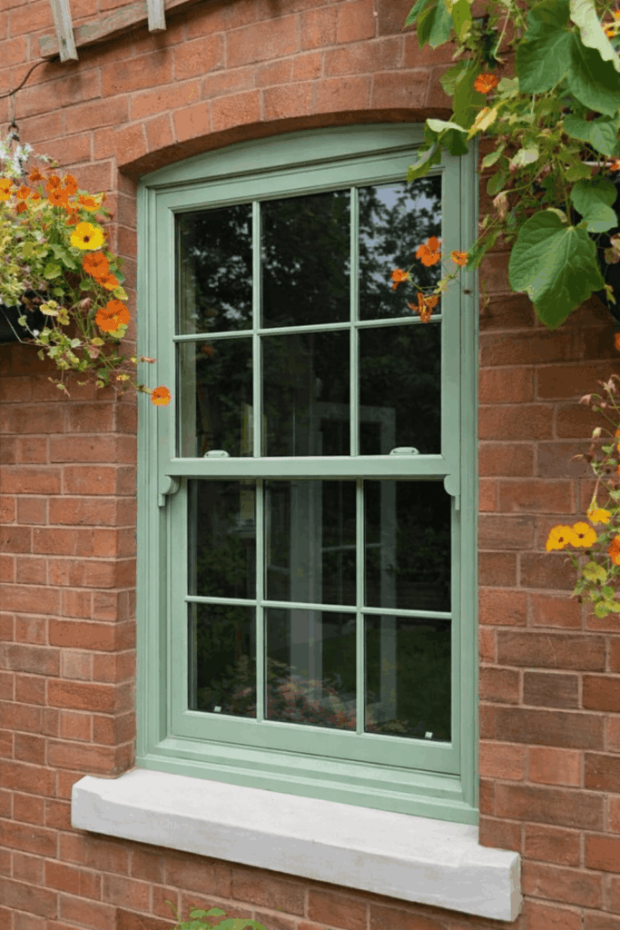 Chartwell green uPVC timber effect sliding sash window with horns installed in Oadby, Leicestershire