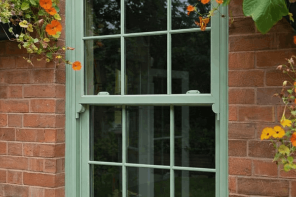 Chartwell green uPVC timber effect sliding sash window with horns installed in Oadby, Leicestershire