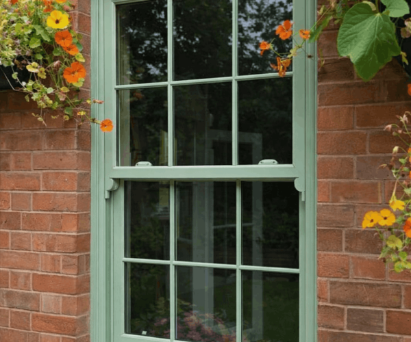 Chartwell green uPVC timber effect sliding sash window with horns installed in Oadby, Leicestershire
