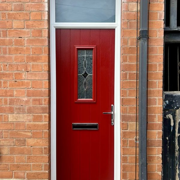 Red composite door installation in Leicestershire