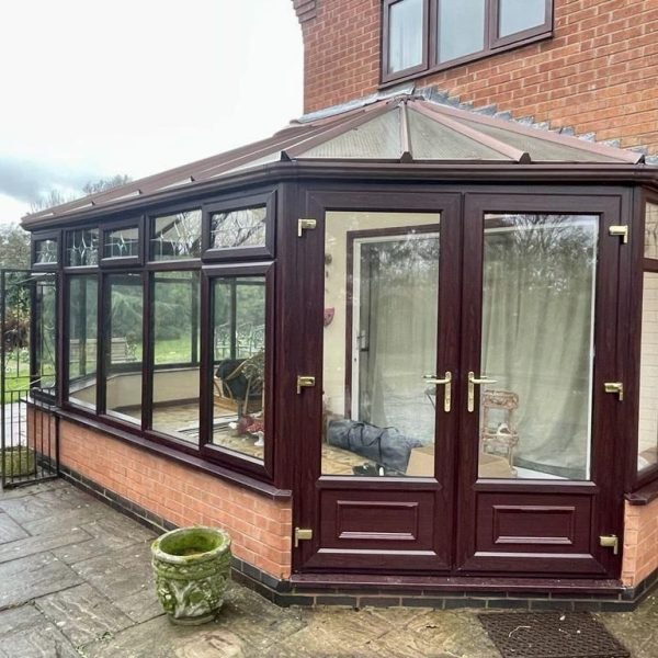 uPVC wood grain effect windows on a conservatory